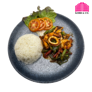 ผัดพริกแกงกุ้ง ทะเล ราดข้าว  Pad prik kang prawn or seafood rice