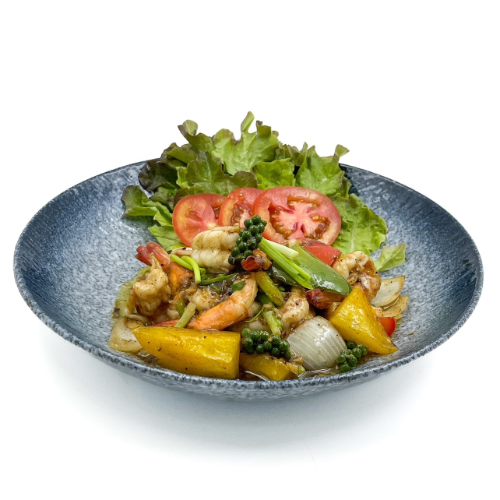 กุ้งผัดพริกไทยดํา (Black Pepper Prawn Seafood)