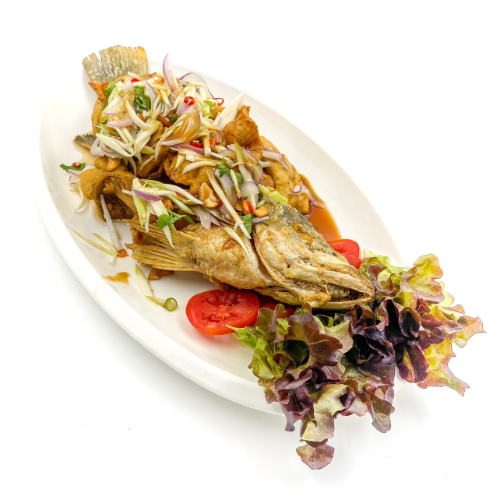 ปลากะพงทอดน้ําปลา (Snapper Mango Salad with Fish Sauce)